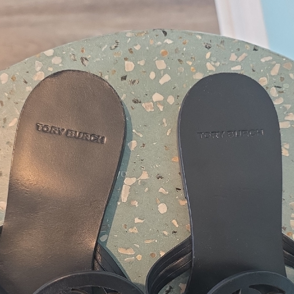 Tory Burch Navy Blue Chic Leather Sandals - Picture 2 of 5